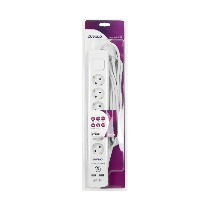 [ORNORAE13163(GS)/3M] 140143-Multiprise avec protection contre les surtensions et interrupteur principal, schuko 6 prises schuko, 2 chargeurs USB, câble 3x1,5mm2, 3m de long, consommation électrique totale de 3680W, pour les Pays-Bas et l'Allemagne -ORN