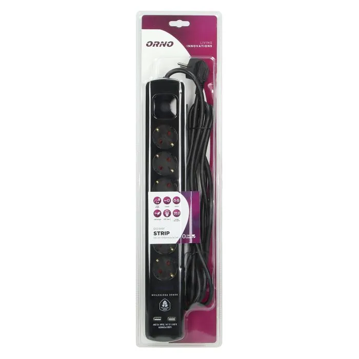 [ORNORAE13163(GS)/B/3M] 140144-Multiprise avec protection contre les surtensions et interrupteur principal, schuko, noir 6 prises schuko, 2 chargeurs USB, câble 3x1,5mm2, 3m de long, consommation électrique totale de 3680W, pour les Pays-Bas et l'Allemagne -ORN