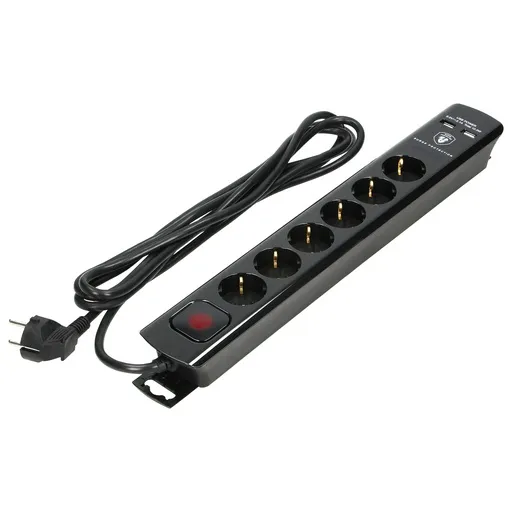 [ORNORAE13163(GS)/B/3M] 140144-Multiprise avec protection contre les surtensions et interrupteur principal, schuko, noir 6 prises schuko, 2 chargeurs USB, câble 3x1,5mm2, 3m de long, consommation électrique totale de 3680W, pour les Pays-Bas et l'Allemagne -ORN