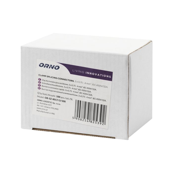[ORNOR-SZ-8017/3/100] 140285 - 3 wire clamp splicing connector; for wire 0.75-4mm²; IEC 450V/32A, 100 pcs.